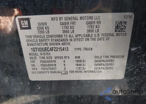 2015 GMC Sierra 1500 Sle from USA, damaged, VIN 1GTV2UEC4FZ215413